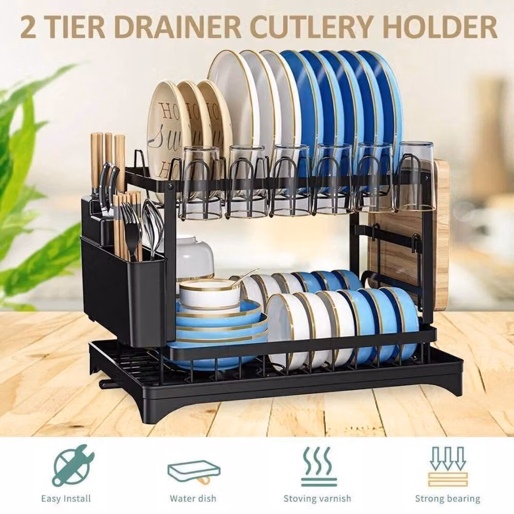 FLAVORA Black 2 Tier Large Metal Kitchen Sink Dish Drying Rack – 4