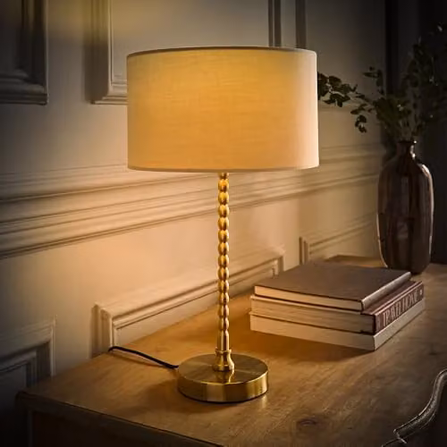 ValueLights Maeve Fabric Drum Table Lamp with Brushed Gold Bobbin Detail in Beige and White – 2