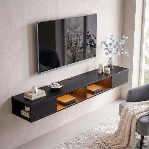 HOMCOM Modern Black TV Stand with RGB LED Lights for TVs up to 75 Inch – 7