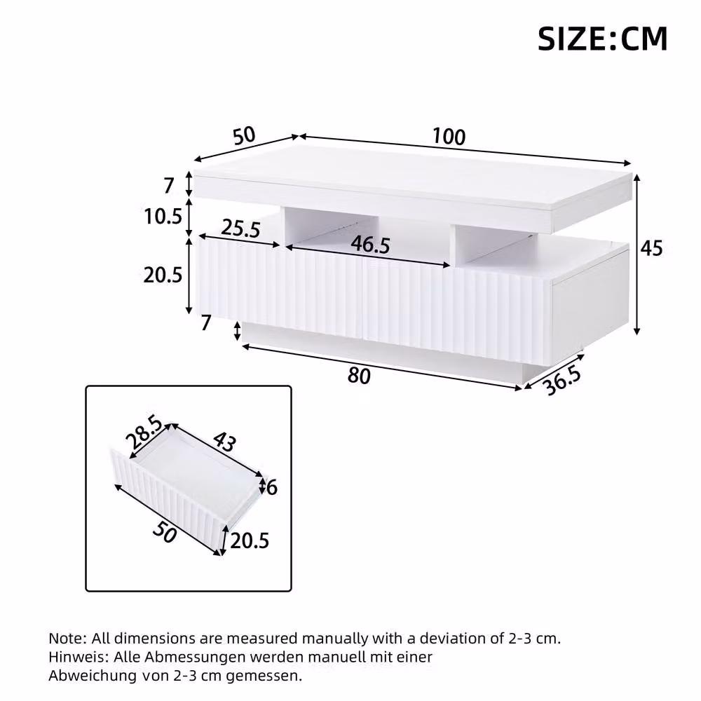 Merax White Modern LED Coffee Table with Fluted Drawers and Open Shelf W/D/H: 120 x 60 x 45 cm – 2