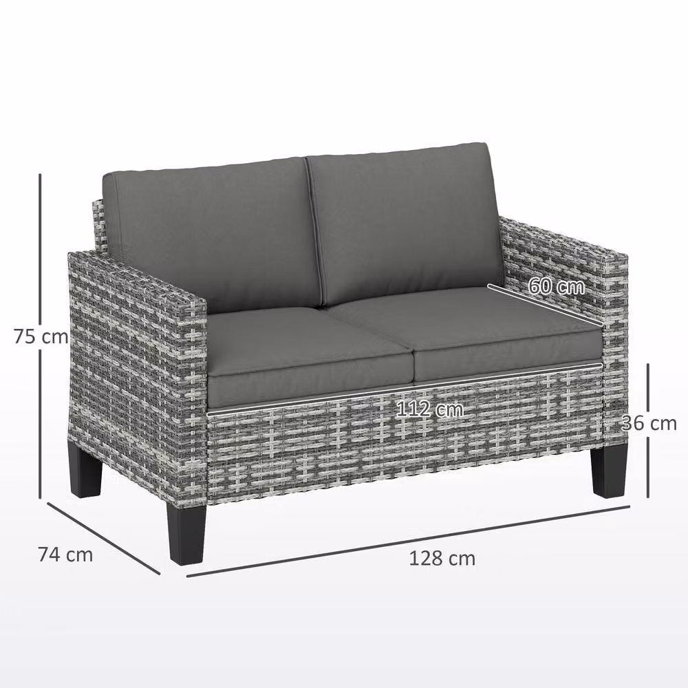 ERGOVEXA Two-Seater Modern Rattan Outdoor Sofa in Grey with Upholstered Cushions and Powder Coated Steel Frame – 2
