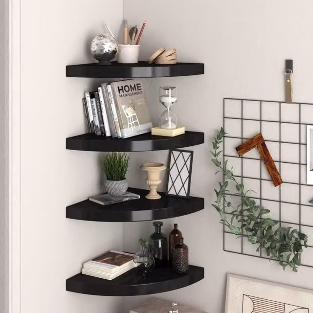 Berkfield Home Set of 4 Black Floating Corner Shelves, W/D/H: 35 x 35 x 3.8 cm