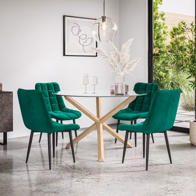 More4Homes Malvern Round Glass Dining Table with 4 Green Nova Velvet Chairs and Oak Legs