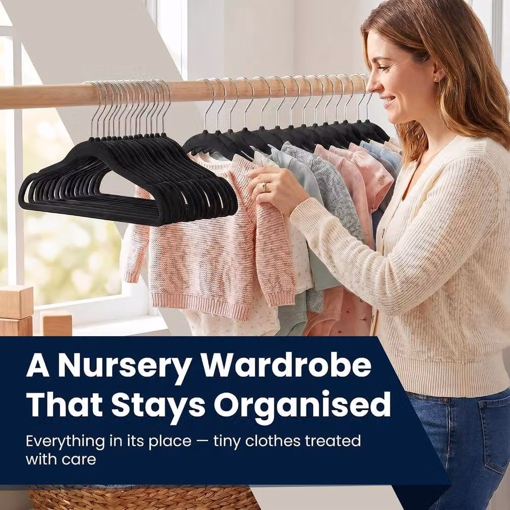 Sasha Morel Black Velvet Baby Clothes Hangers with Swivel Hooks, 30 Pack – 7