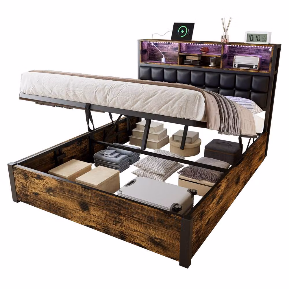STILVORA Double Hydraulic Bed with USB Charging Port and LED Under-Bed Lighting in Brown, W/D/H: 140 x 200 x 135 cm – 5