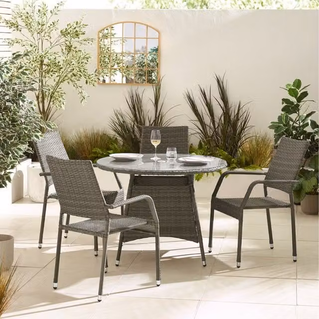 FurnitureboxUK Antigua 4 Seat Round Rattan Garden Dining Set with Glass Top in Grey and Beige