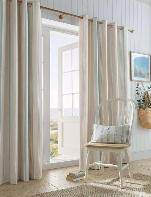 Laura Ashley Wickham Striped Cotton Rich Eyelet Curtains in Natural Multicolour, H: 229 cm x W: 168 cm
