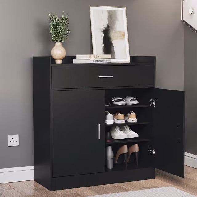 Vida Designs Dalby Modern 2 Door 1 Drawer Shoe Cabinet in Black