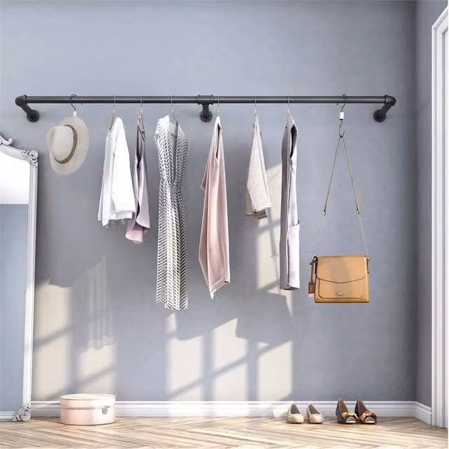 SPETLEK Matt Black Wall Mounted 6ft Metal Clothes Rail and Garment Rack – 1