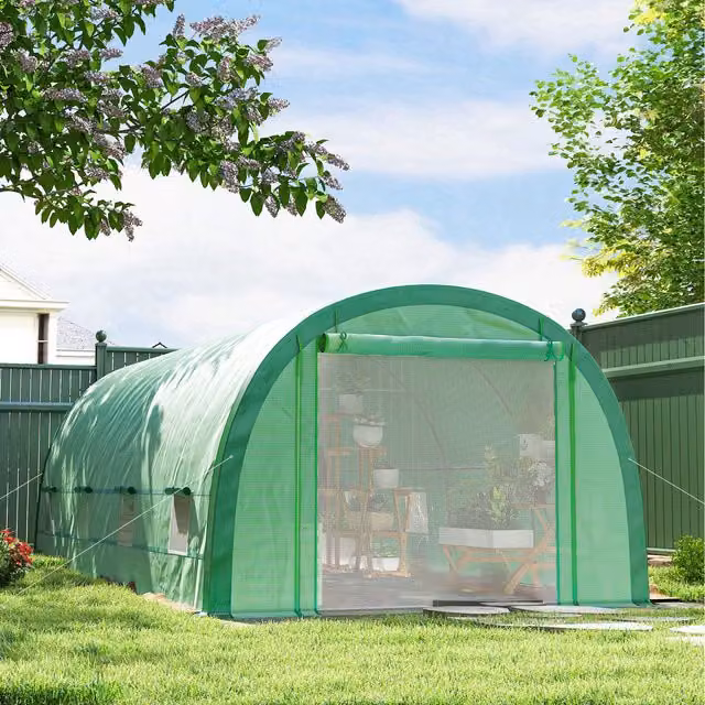 Outsunny Upgraded Walk in Polytunnel Greenhouse in Green with Galvanised Steel Frame