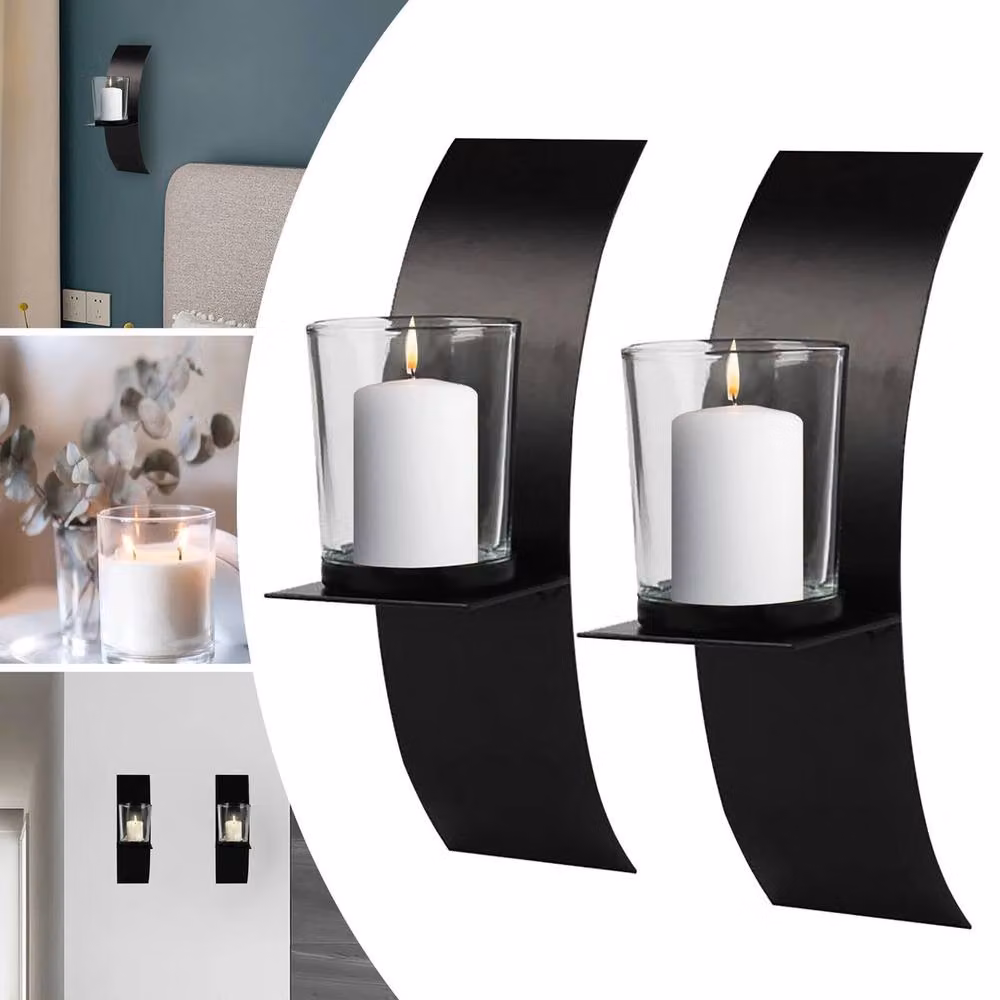 Havendro 2-Piece Metal and Glass Wall Candle Holder Set in Black – 4