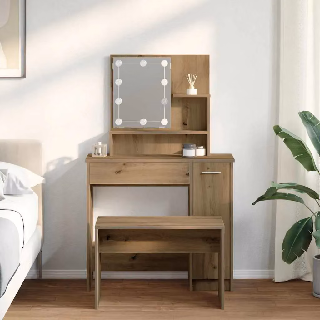 Berkfield Home Hollywood LED Dressing Table Set in Artisan Oak Brown – 2