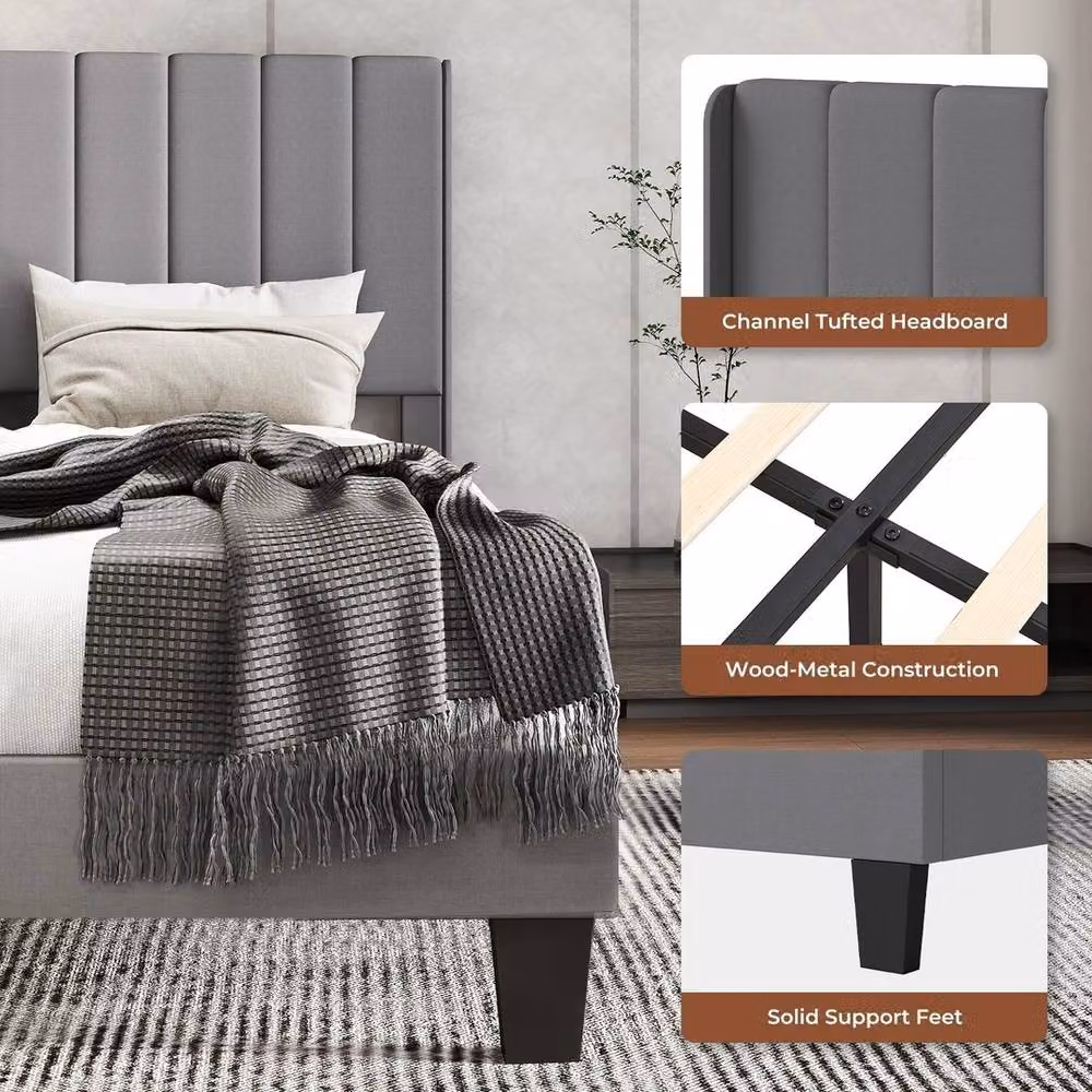 VOGREX Grey Plush Double Bed Frame with Soft Headboard in Metal and Wood, W/D/H: 141 x 200 x 104.5 cm – 4