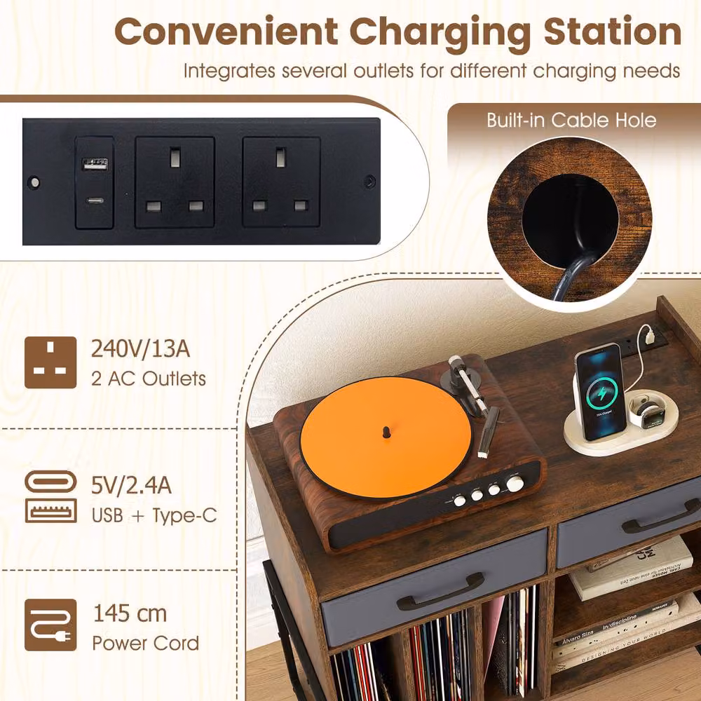 Costway Industrial Record Player Stand with Charging Station and 2 Drawers, Brown Vinyl Storage Cabinet – 6