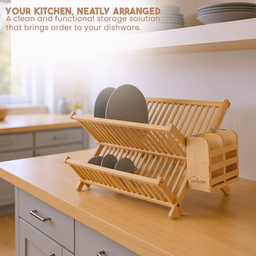 PAWNORA Bamboo Folding Dish Drainer Rack with Cutlery Holder in Natural Brown and Beige – 2