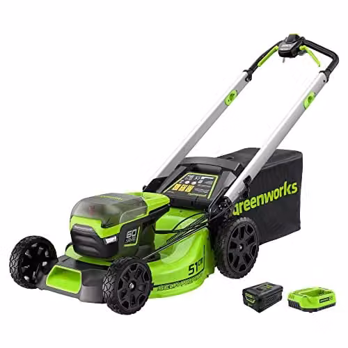 Greenworks Pro 60V 20 Inch Brushless Cordless Mower with 4Ah Battery and Charger, Green, Cutting Height: 25-85mm, 60 Litre Collection Bag