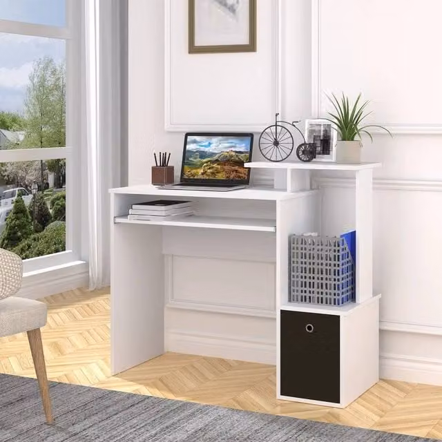 EONLION Modern White Computer Desk with Sliding Keyboard Tray and MDF Laminate Finish, Width: 100 cm – 1