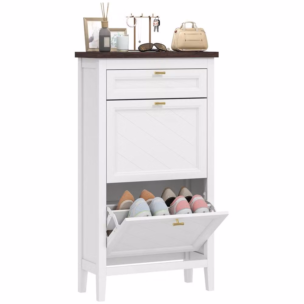 HOMCOM Modern Shoe Cabinet with Tilting Compartments and Internal Shelves, White – 2
