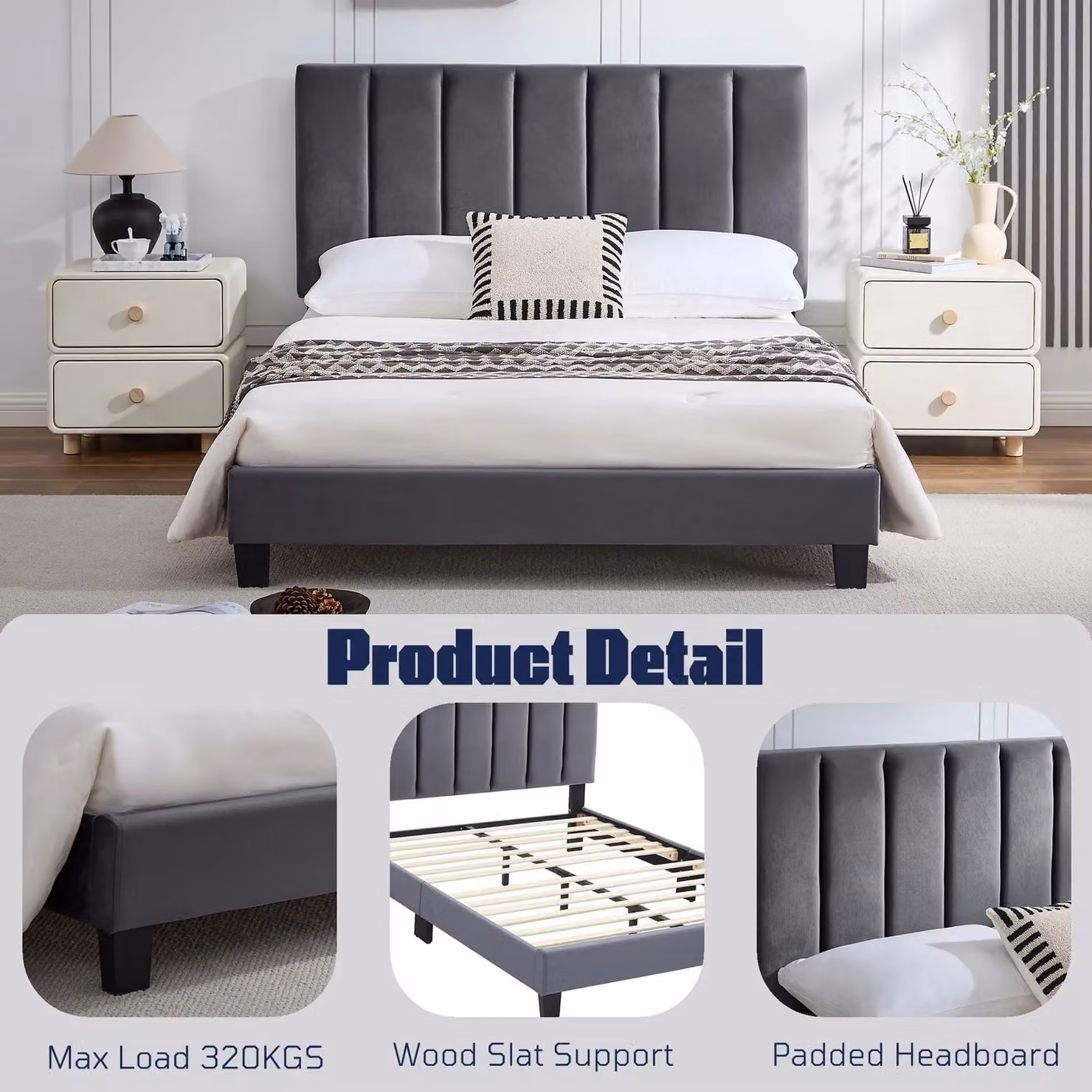 FURNITURE ONE Modern Upholstered Platform Bed Frame in Grey, W/D/H: 180 x 200 x 118 cm – 2