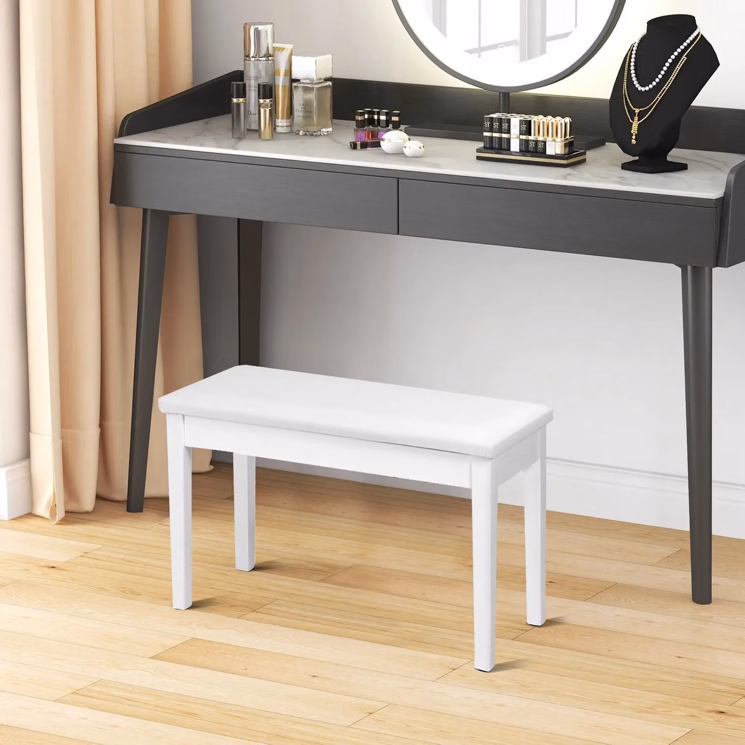 Costway White PU Leather Double Duet Piano Bench with Storage – 3