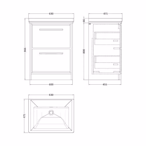 Balterley Longnor Floor Standing 2 Drawer Bathroom Vanity Unit with Basin in Antique Oak Brown, W/D/H: 63.0 x 47.1 x 86.6 cm – 3