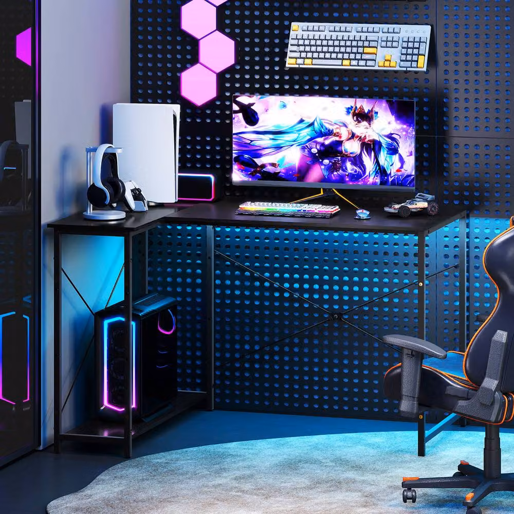Gymax Reversible L-shaped Corner Computer Desk with Adjustable Shelf in Black – 5
