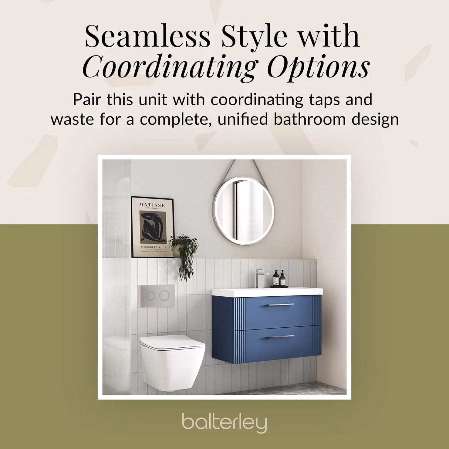 Balterley Wall Hung 2 Drawer Vanity Unit with Thin-Edge Basin, Satin Blue – 5