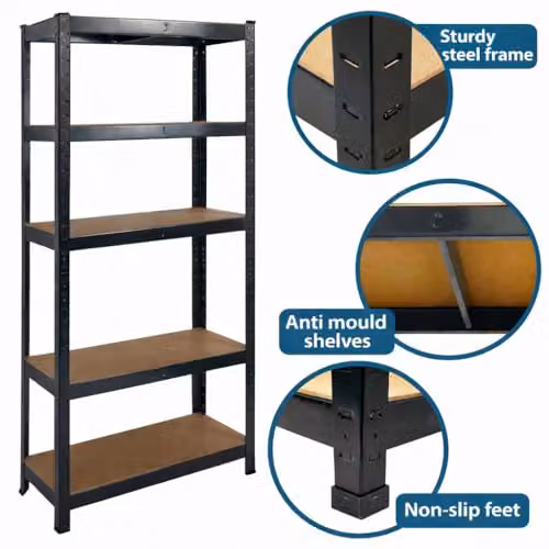 House of Home 5 Tier Heavy Duty Metal Storage Rack, Black, W/D/H: 70 x 30 x 150 cm – 4