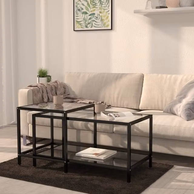 Berkfield Home Set of 2 Nested Industrial Tea Tables with Black Tempered Glass and Metal Frames – 1