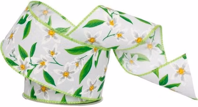 KDMD White Floral Harmony Hessian Jute Ribbon with Wired Edge, Width: 6.3 cm