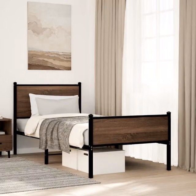 Berkfield Home Metal Bed Frame in Brown Oak, W: 80 cm, L: 200 cm