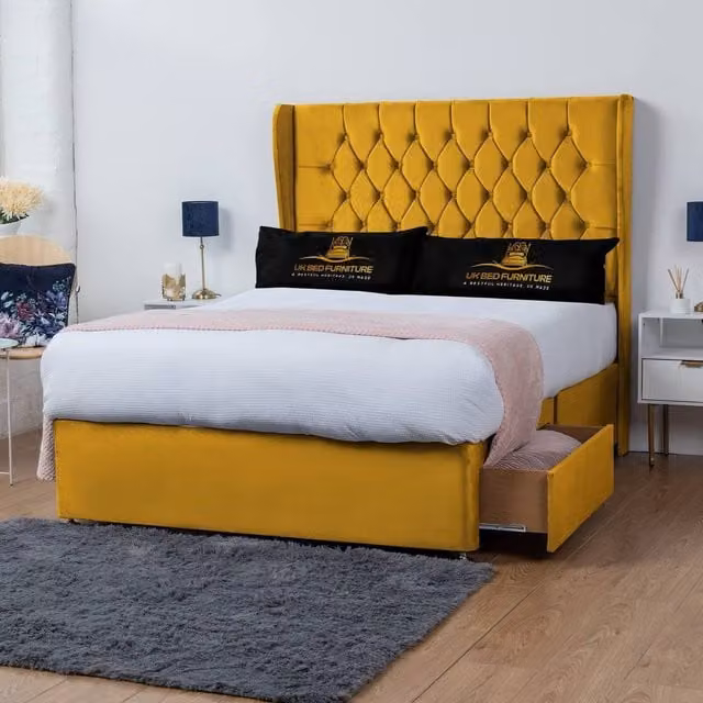 UK Bed Furniture Mary Wingback Divan Bed with 2 Drawers and 54 Inch Headboard in Yellow Velvet, Size: Double (W/D/H: 140 x 200 cm)
