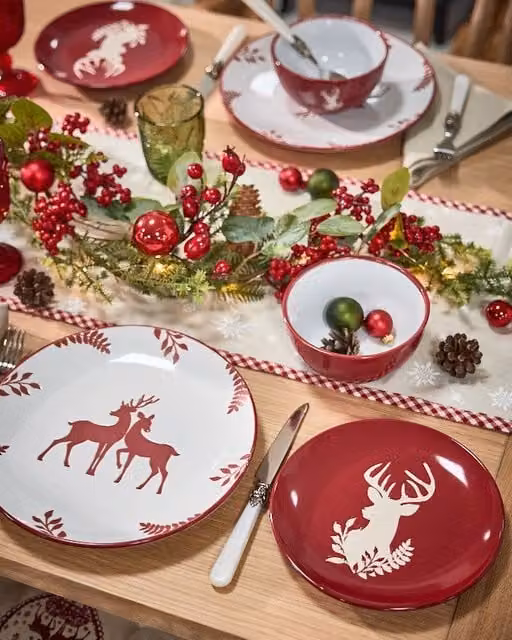 Dibor 12 Piece Red and White Reindeer Ceramic Christmas Dinner Set for 4 Adults