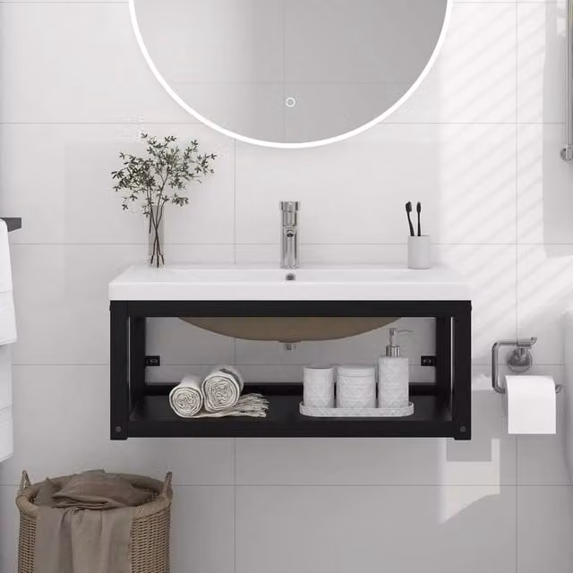 Berkfield Home Modern Bathroom Washbasin Frame with Built-in Ceramic Basin in Matt Black Metal