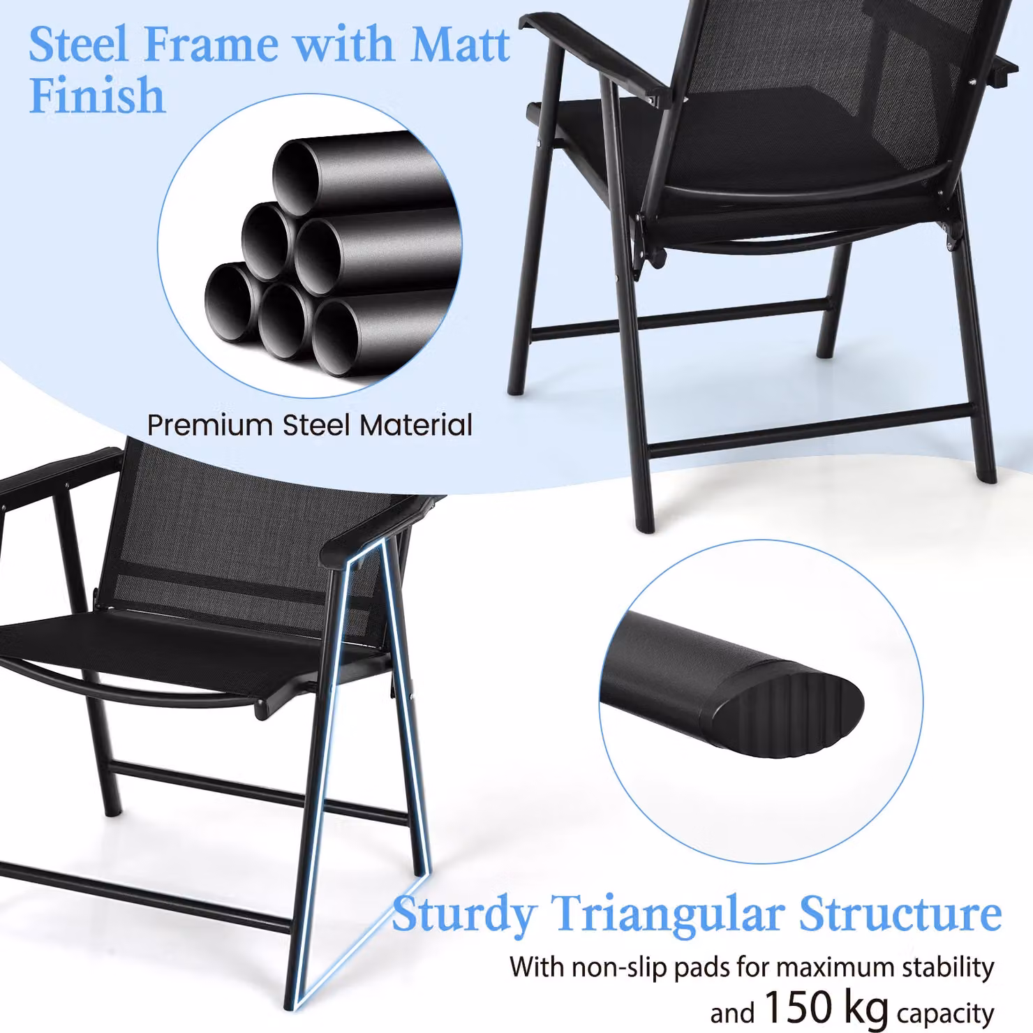 Costway Set of 2 Black Metal Folding Garden Armchairs with Armrests – 2
