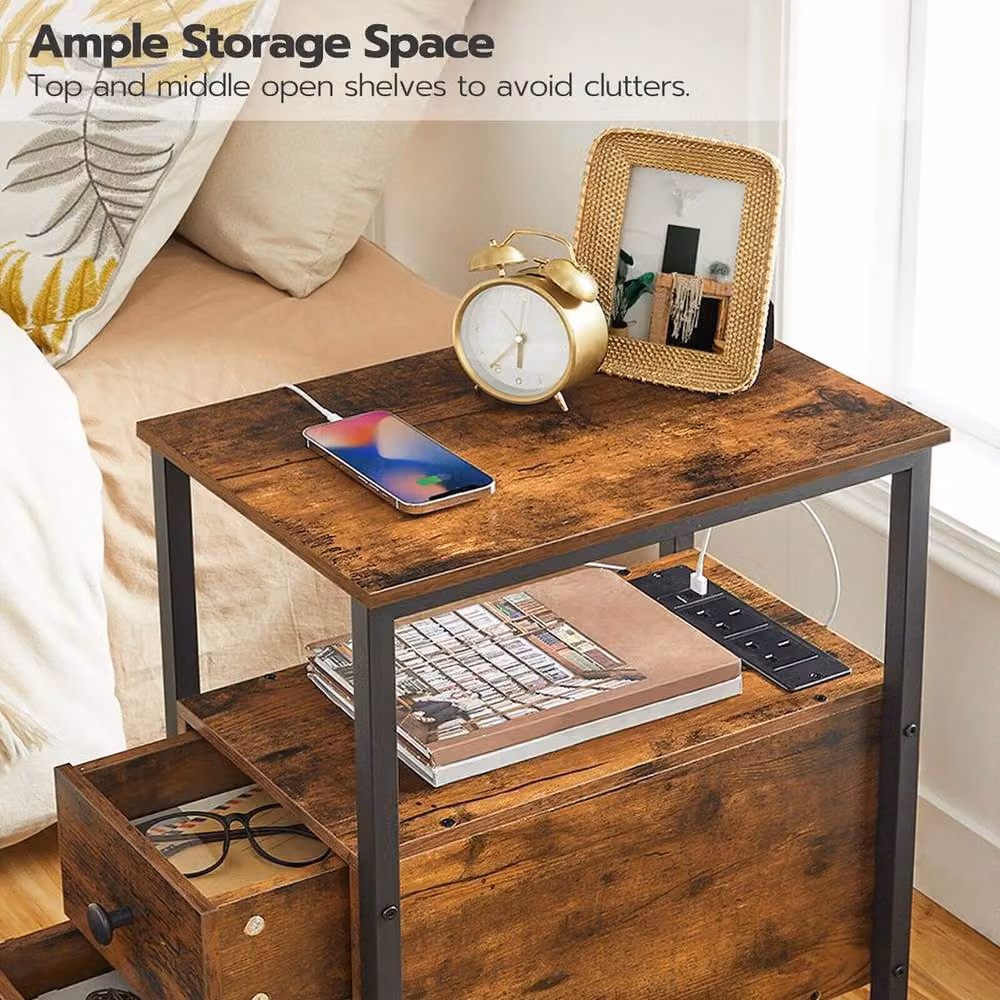 FLAVORA Narrow Charging Station Bedside Nightstand Side Table in Brown – 4
