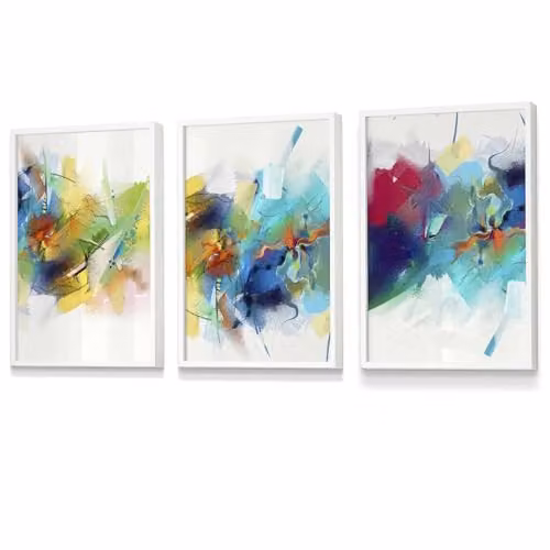 ARTZE Set of 3 Abstract Multicolour Fractal Wall Art with White Frames, W: 45 cm, H: 62 cm – 2