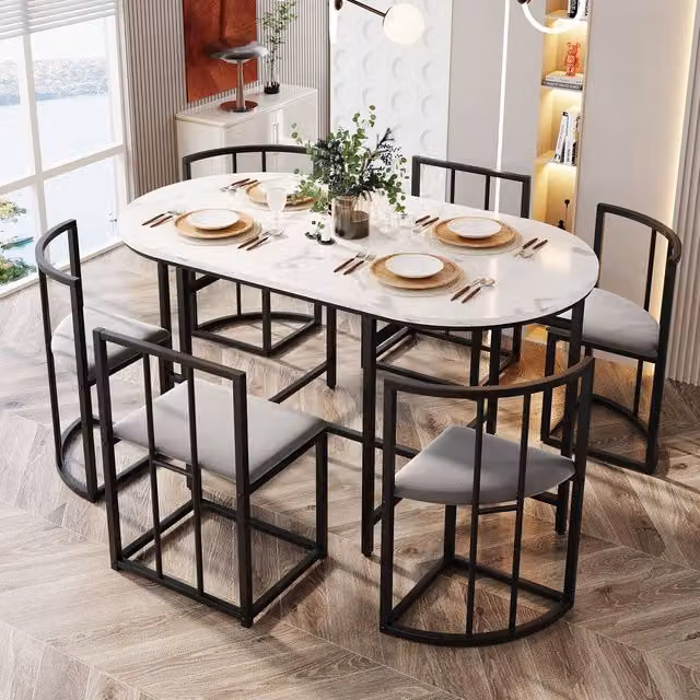 Fascinate Modern 6-Seater Dining Set with White Oval Glossy Table and Grey Cushions