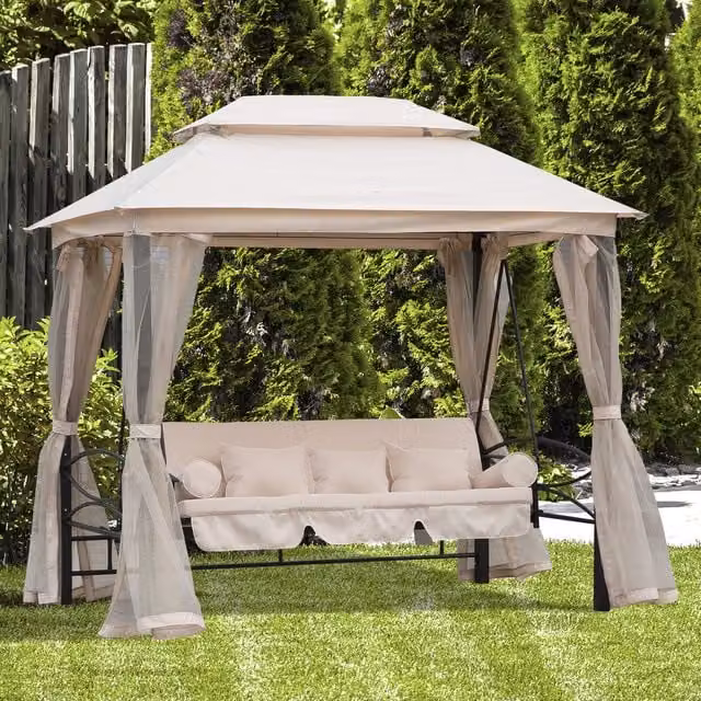 Outsunny 2-in-1 Convertible Outdoor Swing Chair Bed with Sun Canopy and Cushions, Cream White