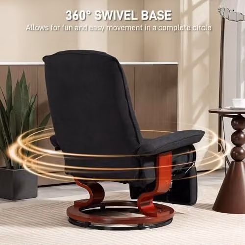 HOMCOM 360 Degree Swivel Manual Recliner Chair with Footstool and Armrests, Black Fabric – 5