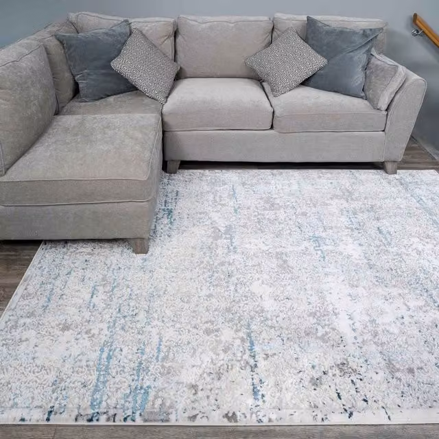 The Rug House Modern Abstract Rectangular Rug in Blue and Grey with High-Low Effect, W: 110 cm, D: 60 cm