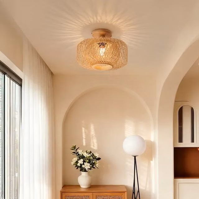 Livingandhome Rustic Bamboo Woven Cylinder Ceiling Light in Brown and Wood Colour