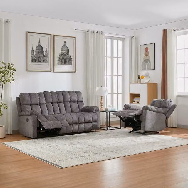 FURNITURE ONE Grey Fabric Manual Recliner Sofa Set with 2 Seater and 3 Seater Sofas