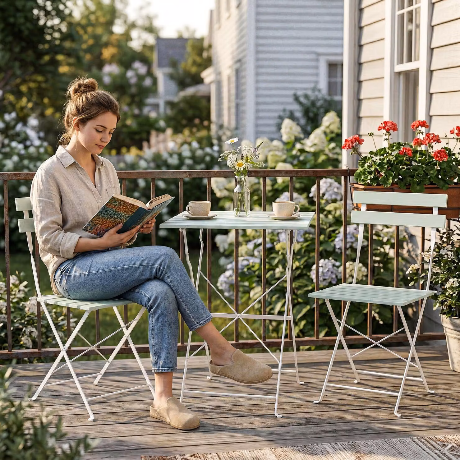 Outsunny Outdoor Bistro Set with Folding Square Acacia Wood Table and 2 Chairs in White and Green – 8