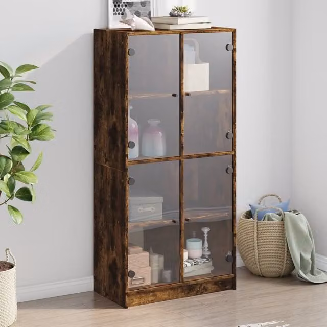 Berkfield Home Modern Highboard with Hinged Glass Doors in Smoked Oak Brown, W/D/H: 68 x 37 x 142 cm