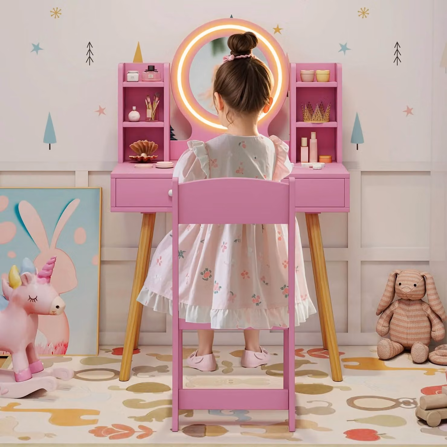 Costway Kids Princess Vanity Desk Set with LED Lighted Mirror in Pink – 2