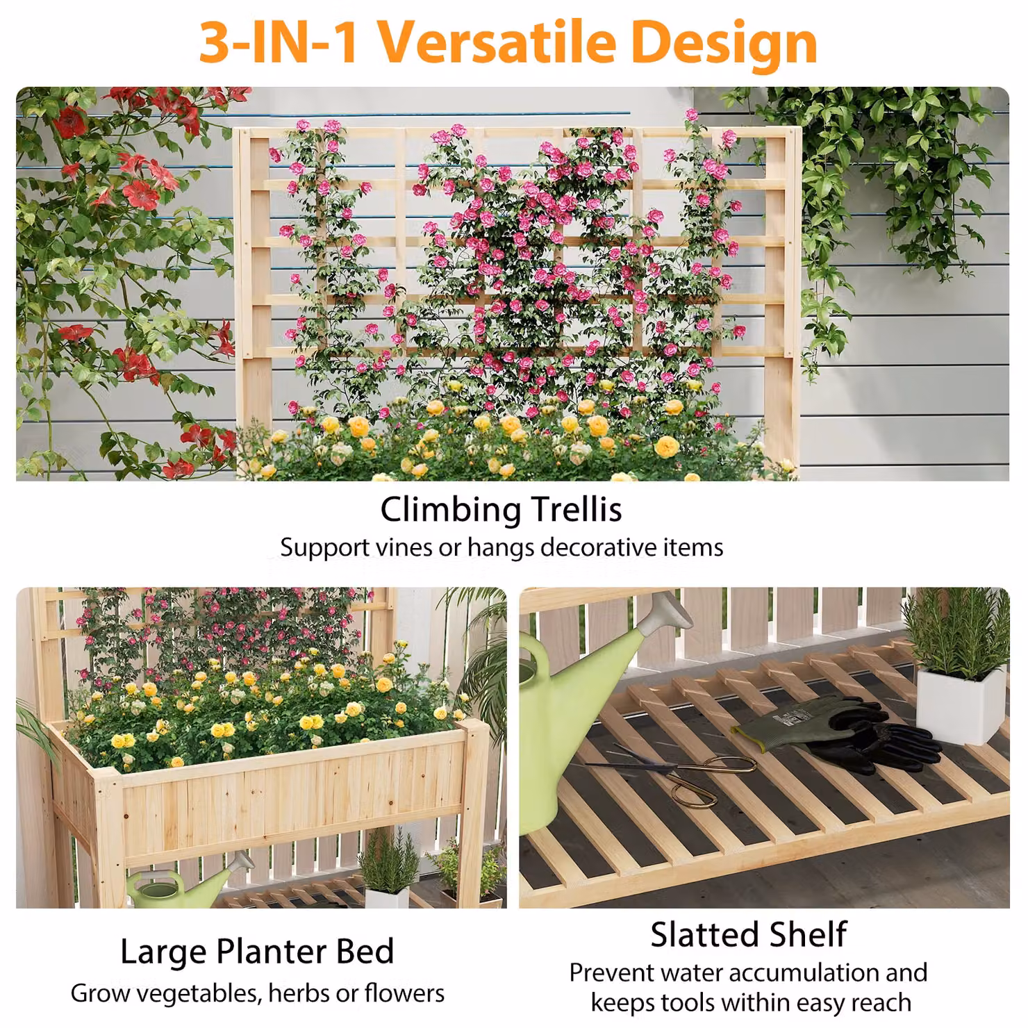 Gymax Wooden Elevated Planter Box with Trellis and Shelf in Beige – 8