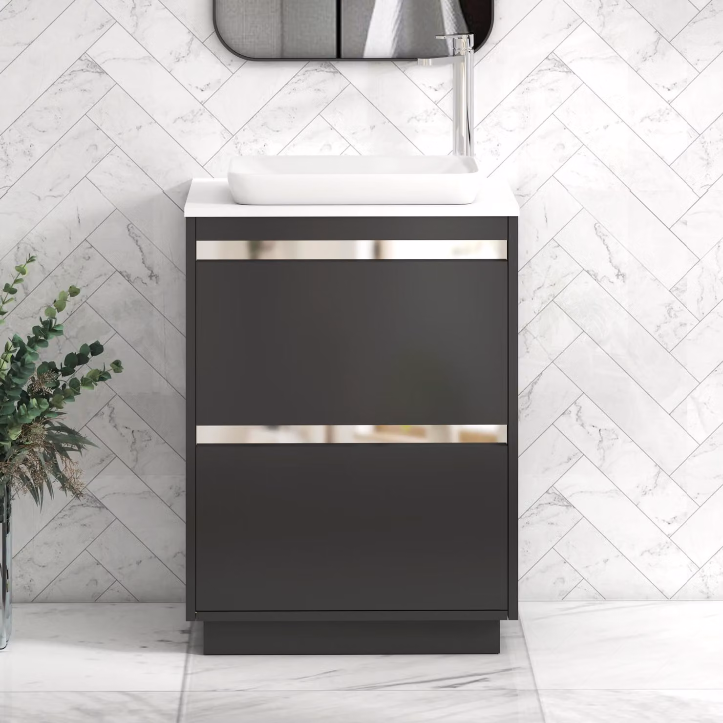 Royal Bathrooms Orion 2 Drawer Floor Standing Vanity Unit in Matt Obsidian Black with Plain White Top and Countertop Basin