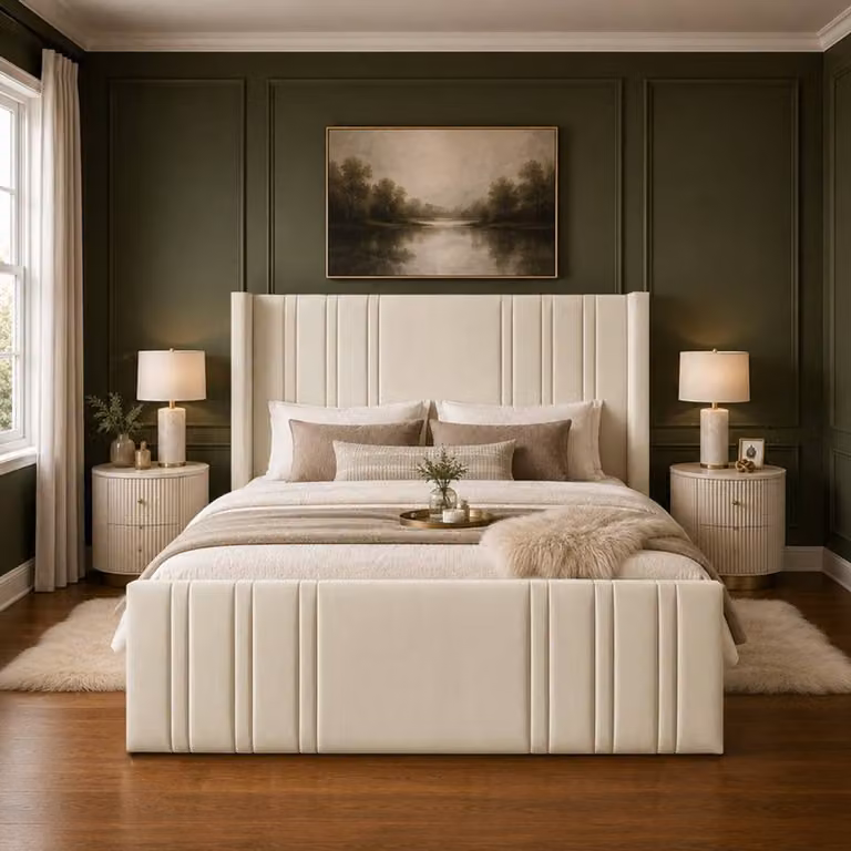 Desire Deco Gerald Wingback Ottoman Storage Bed Frame in Beige Plush Velvet, Small Double