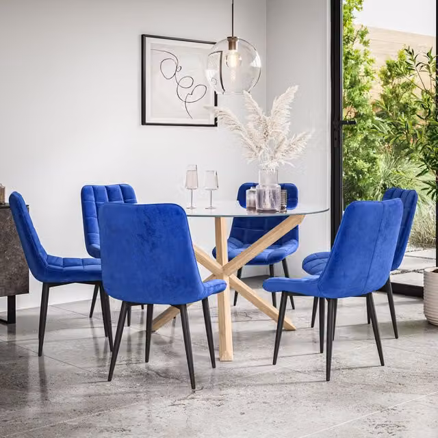 More4Homes Malvern Round Dining Table and 6 Nova Blue Velvet Chairs Set with Clear Glass Top and Solid Oak Legs, Diameter: 120 cm, Height: 75 cm
